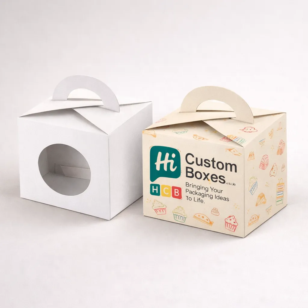 Bespoke white and cream gable boxes featuring a circular die-cut window and a curved carry handle. class=